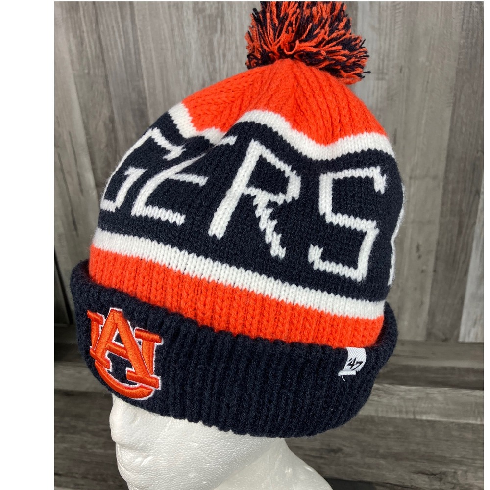 47 Brand Auburn Tigers Beanie Hat Navy Orange White Pom Cuffed Knit NCAA OSFA